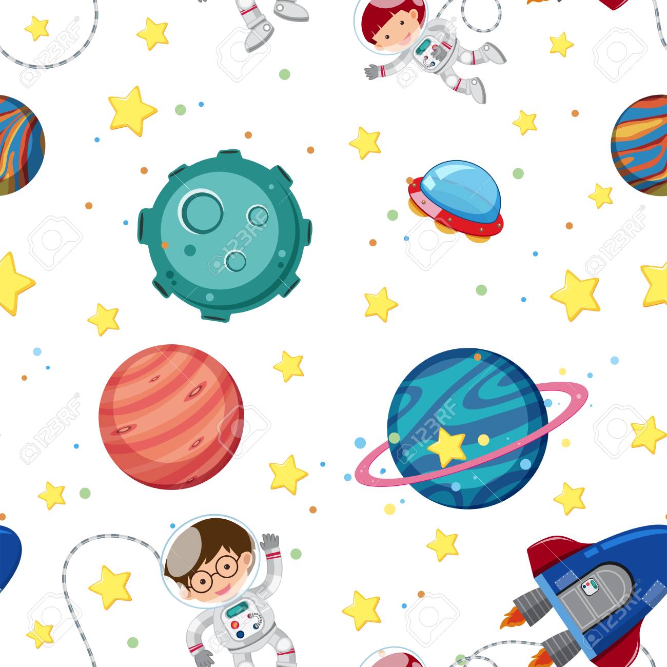 seamless background template with astronauts and planets