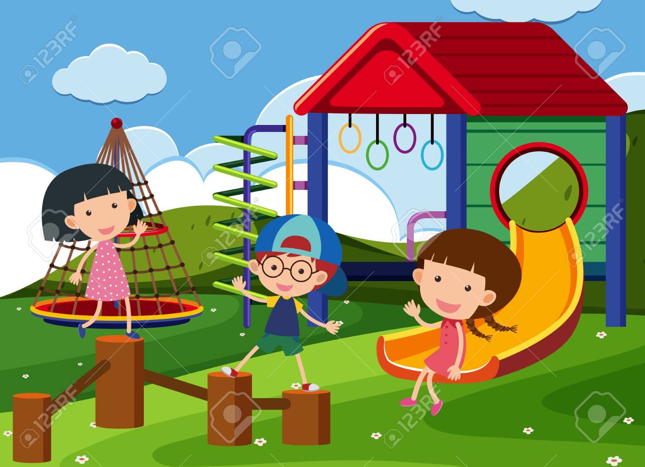 Three Kids Playing In The Playground Illustration Royalty Free SVG, Cliparts,  Vectors, and Stock Illustration. Image 99156126., image size:1300x942