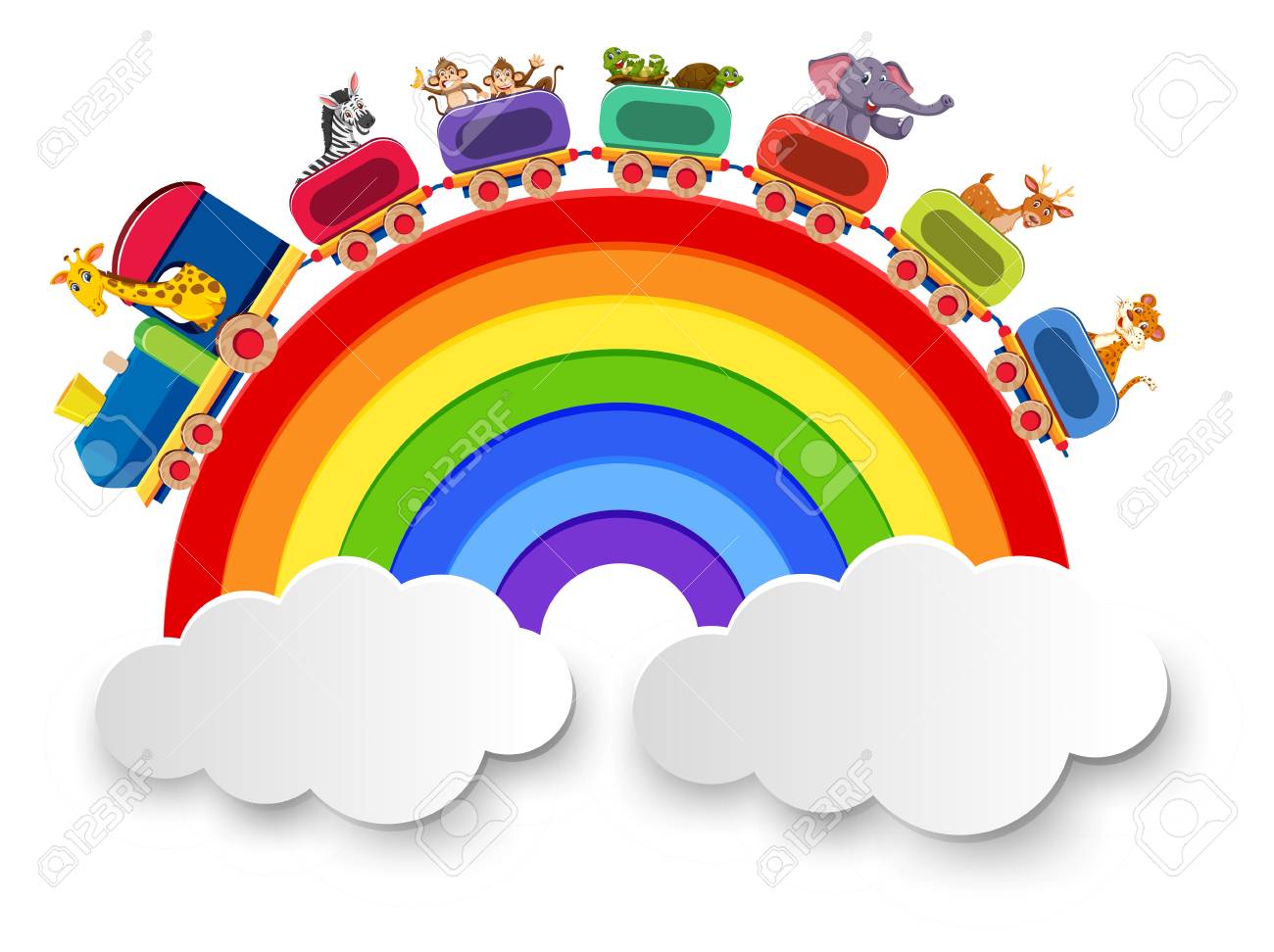 Animals Travel By Train On Rainbow Road Illustration Royalty Free Cliparts Vectors And Stock Illustration Image