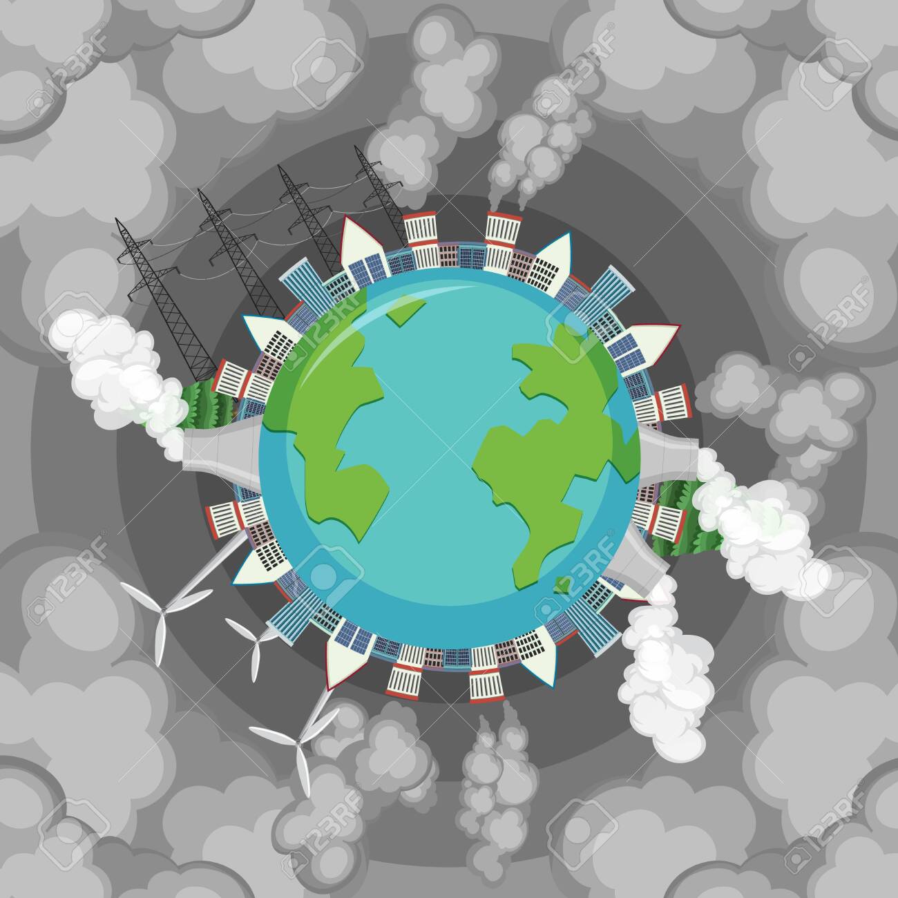 Pollution On Earth With Dirty Smoke Coming Out Factory Buildings Royalty Free Cliparts Vectors And Stock Illustration Image