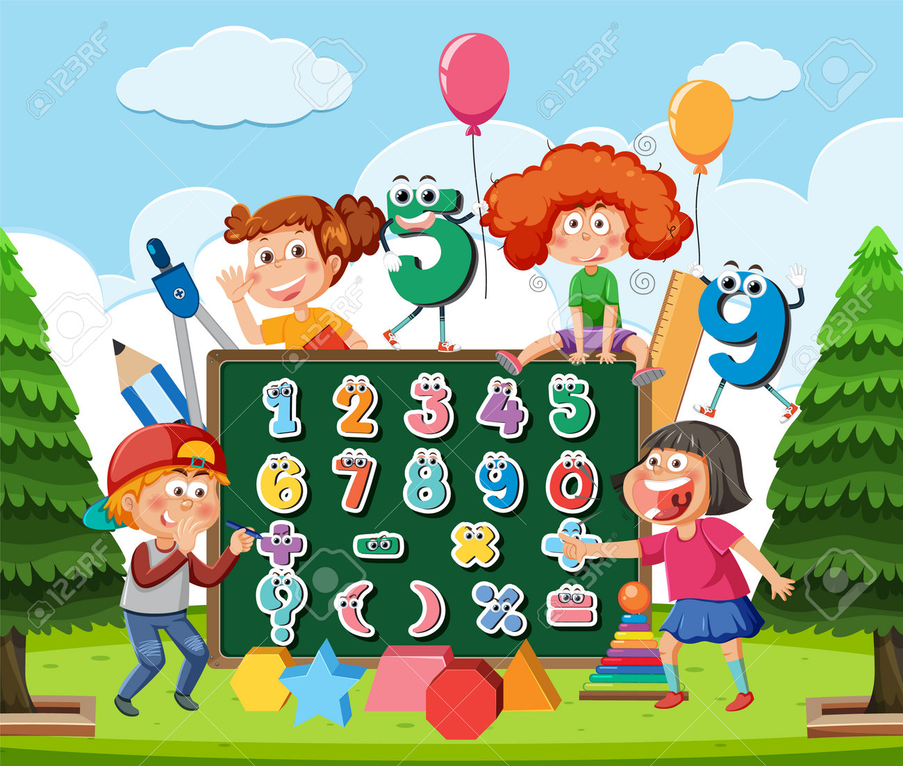 School Kids With Math Theme Outdoor Background Illustration Royalty Free  SVG, Cliparts, Vectors, and Stock Illustration. Image 198271669., image size:1300x1103