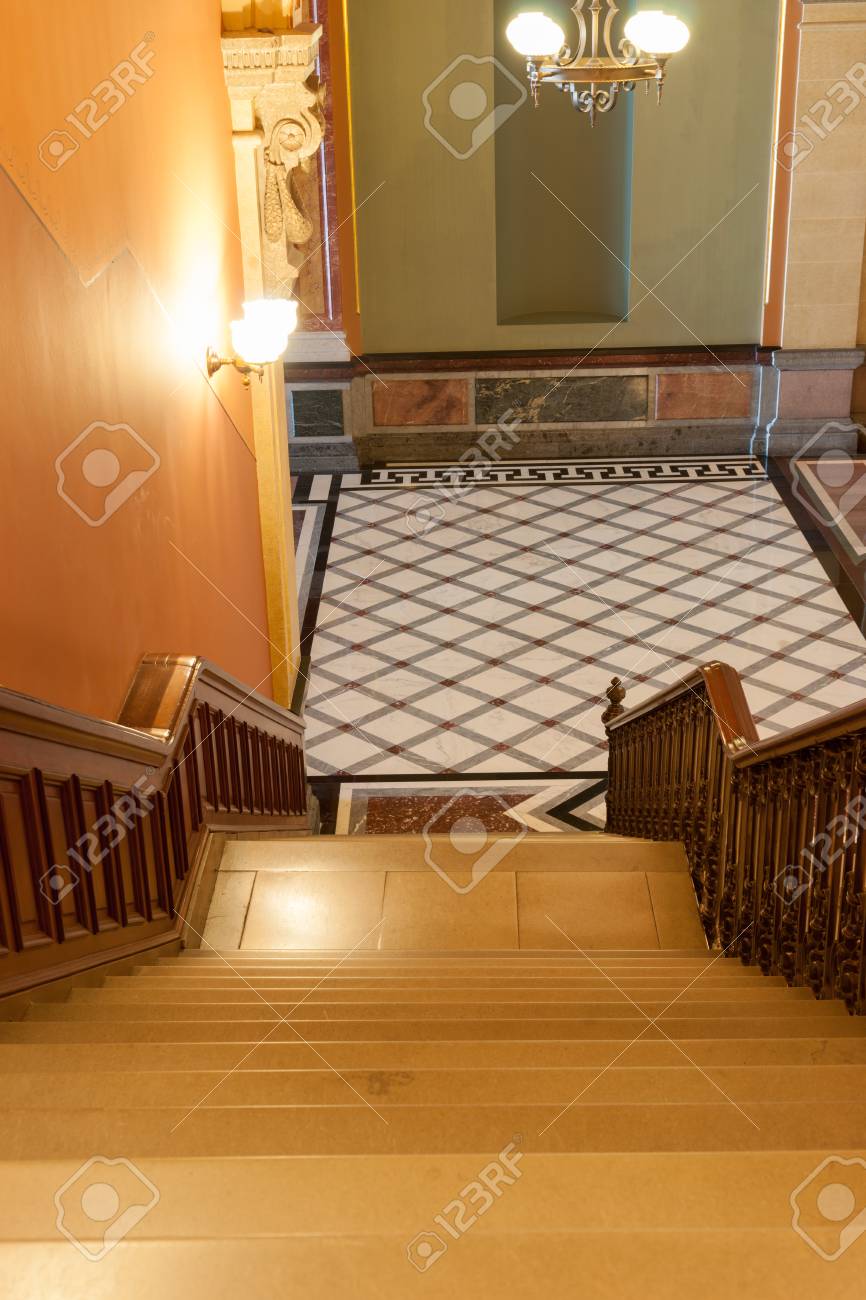 Stairs Leading Down To Tiles Diamond Pattern Floor In French