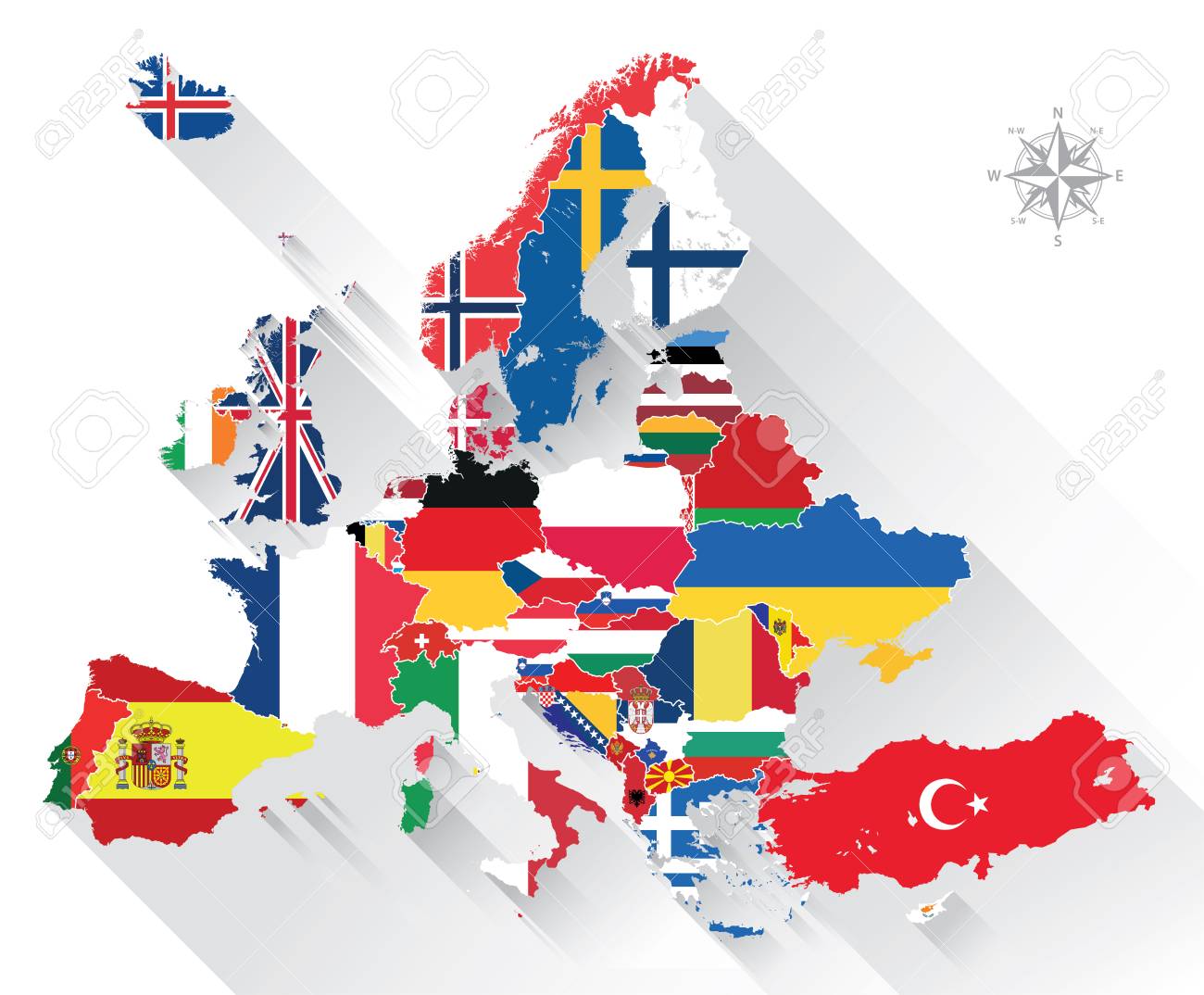 europe map combined with country flags all elements separated