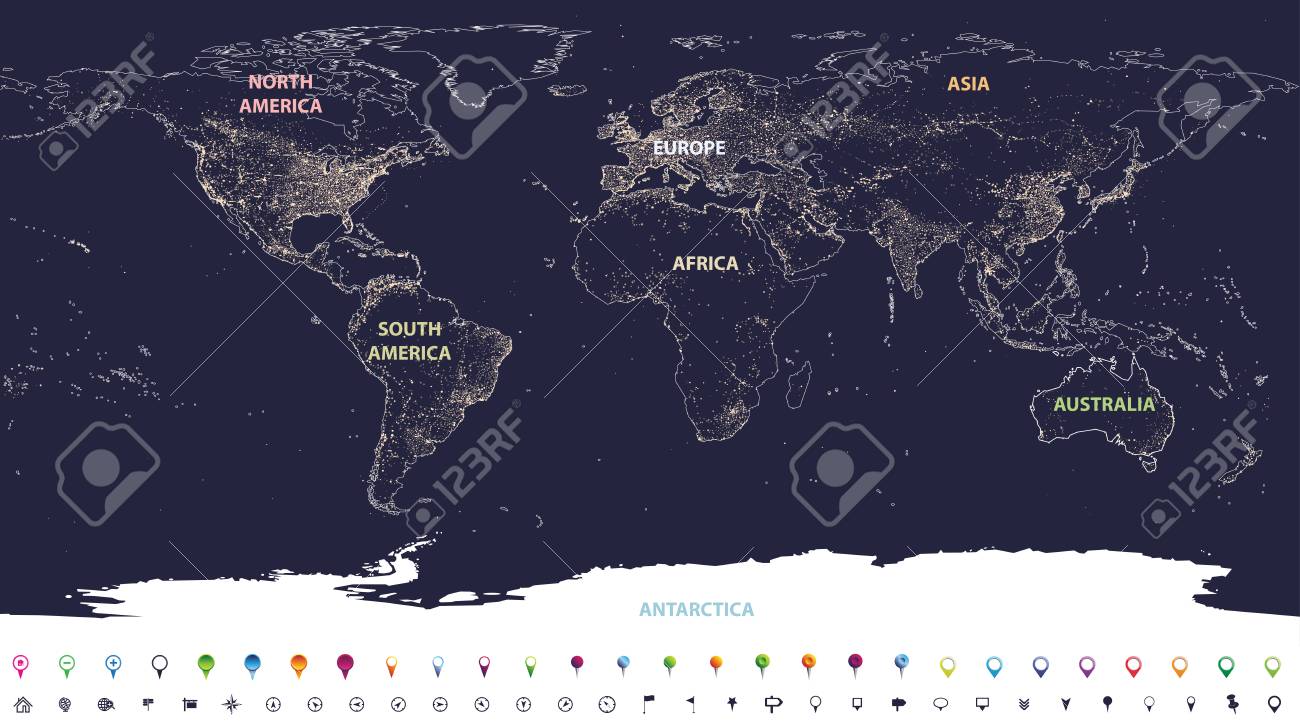 World City Lights Map With Labeled Continents In Different Colors And Location Icons Royalty Free Cliparts Vectors And Stock Illustration Image