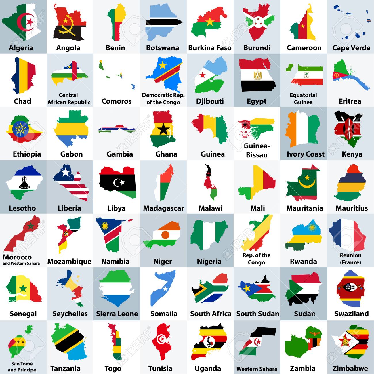 all african countries maps mixed with their national flags and