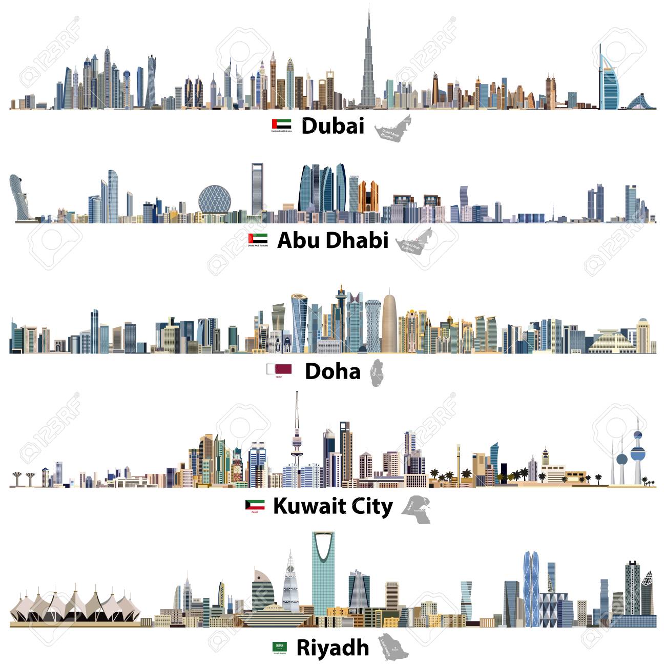 vector vector illustrations of dubai abu dhabi doha riyadh and kuwait city skylines with flags and maps of united arab emirates qatar