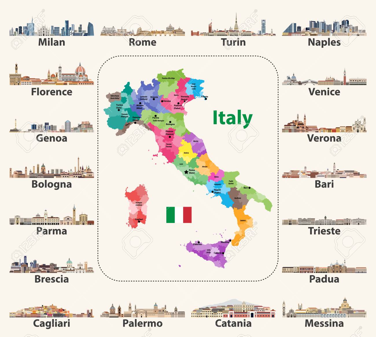 Vector Italy Map With Italian Cities Skylines Royalty Free Cliparts, Vectors, And Stock Illustration. Image 122274878.