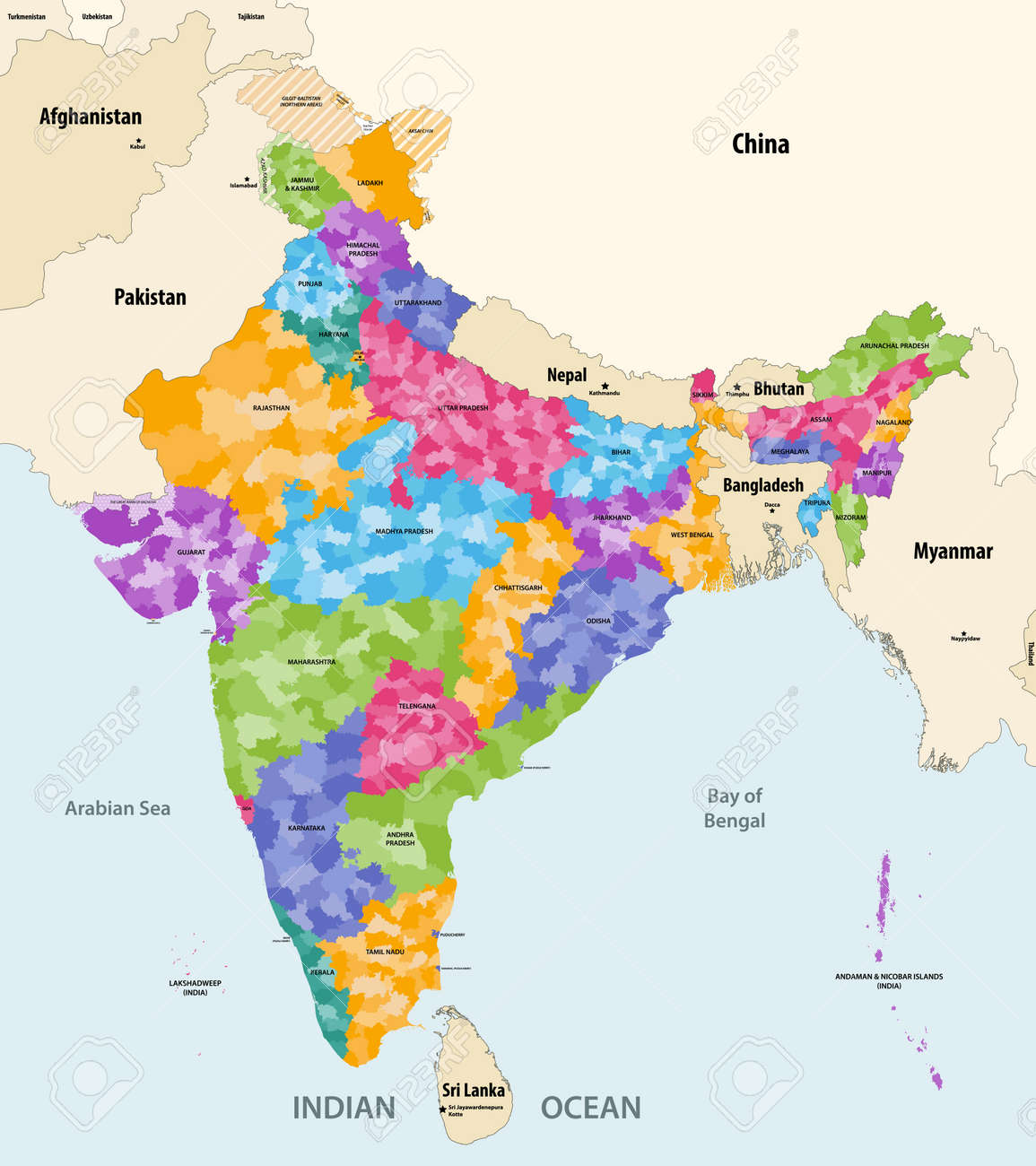 Map Of India And Adjacent Countries Map Of India With Neighboring Countries And Territories. Indian Map Colored  By States And Showing Districts Boundaries Inside Each State. Vector  Illustration Royalty Free Svg, Cliparts, Vectors, And Stock Illustration.  Image 156521797.