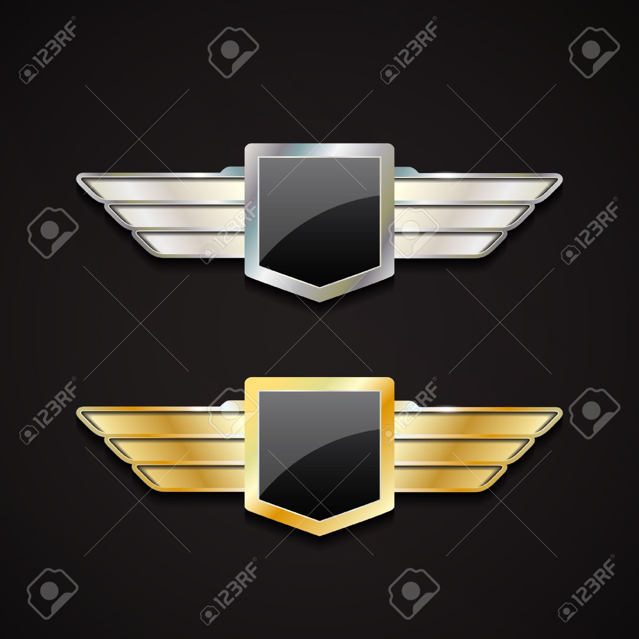 翼を持つ 金と銀のエンブレムのセットです 光沢のあるシールド付き 3 D ベクトルのロゴ のイラスト素材 ベクタ Image