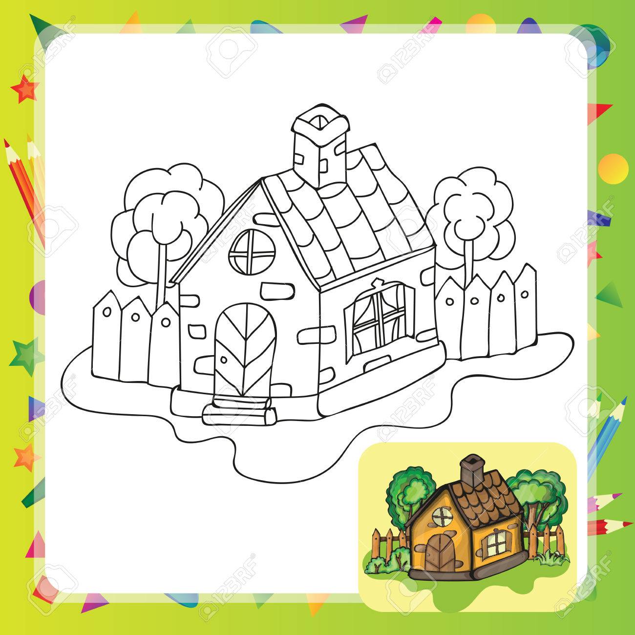 Stylized Countryside House With A Garden Coloring Book Stock Vector