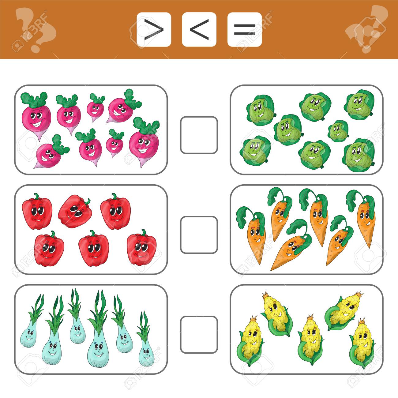 Learning Mathematics Numbers Choose More Less Or Equal Tasks For Addition For Preschool Children Worksheet For Kids Royalty Free Cliparts Vectors And Stock Illustration Image 110219682