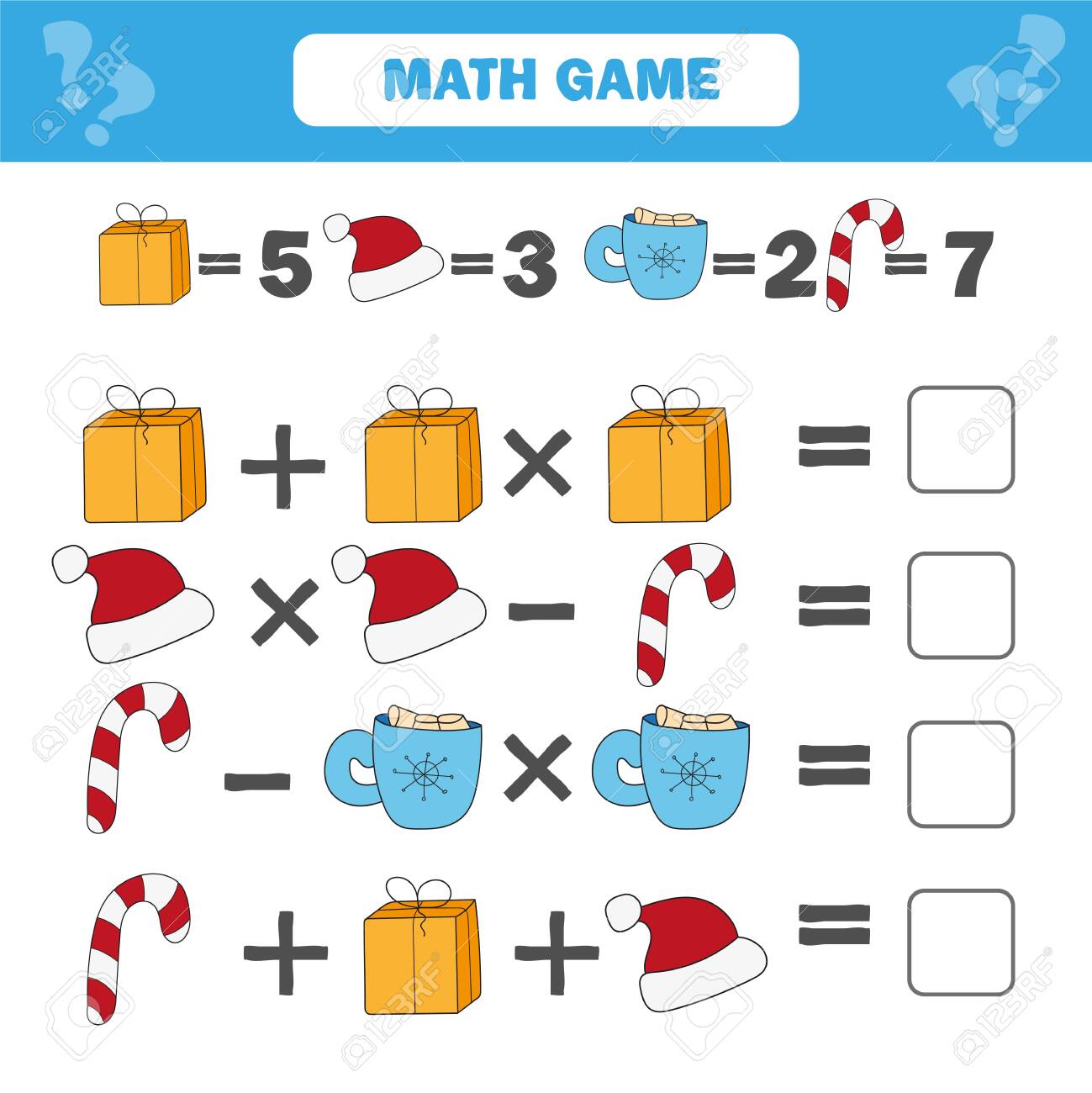 Mathematics Educational Game For Children. Mathematical Counting Equations Worksheet For Kids. Christmas, Winter Holidays Theme Stock Photo, Picture And Royalty Free Image. Image 123907642.