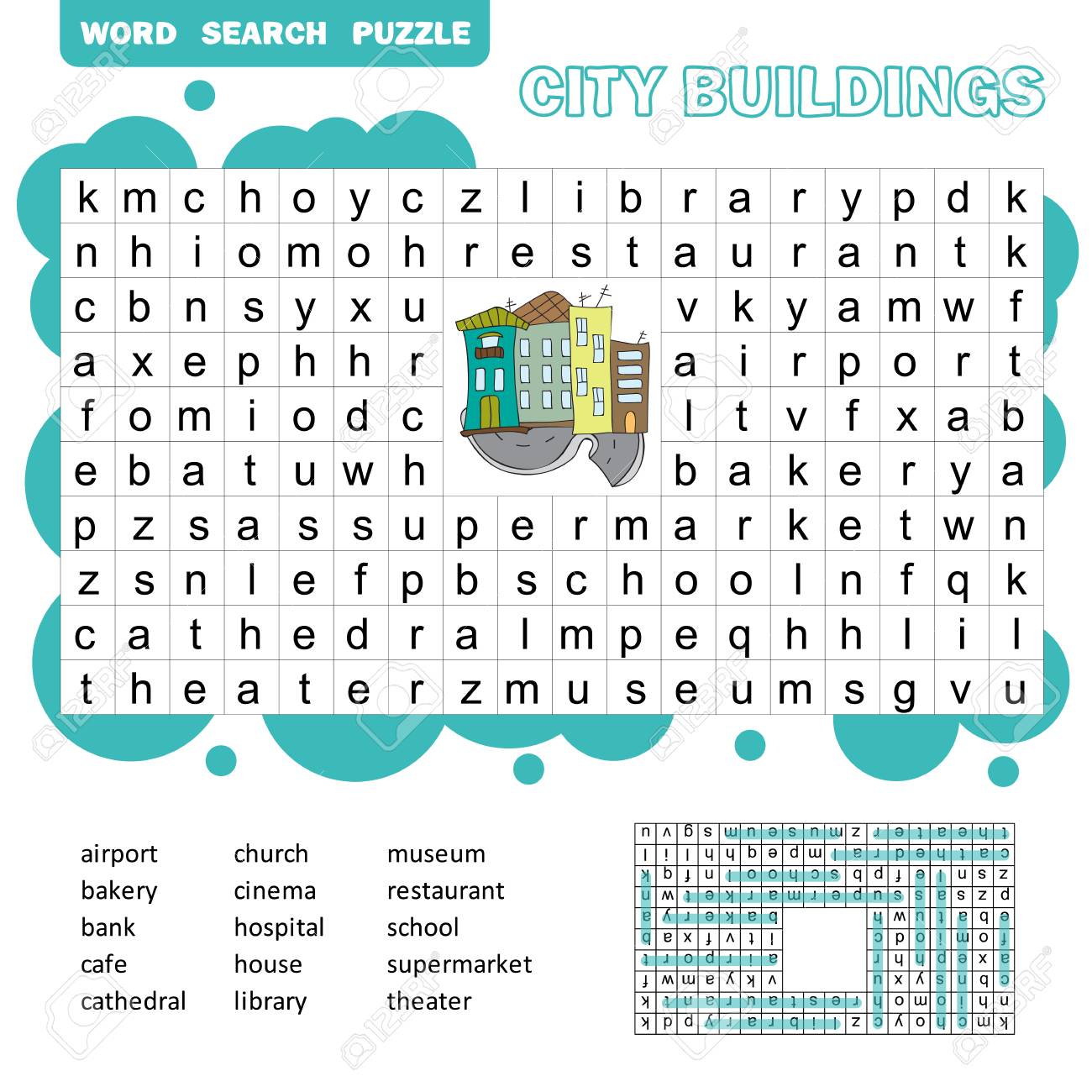 word search puzzle vector game about city buildings worksheet for children colorful printable version with answer royalty free cliparts vectors and stock illustration image 121455425
