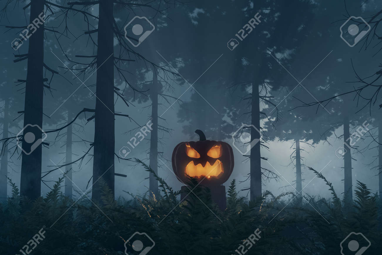 3d rendering of shiny halloween Jack-o-Lantern pumpkin standing on a tree trunk at darken forest - 156795118 3d rendering of shiny halloween Jack-o-Lantern pumpkin standing on a tree trunk at darken forest - 156795118