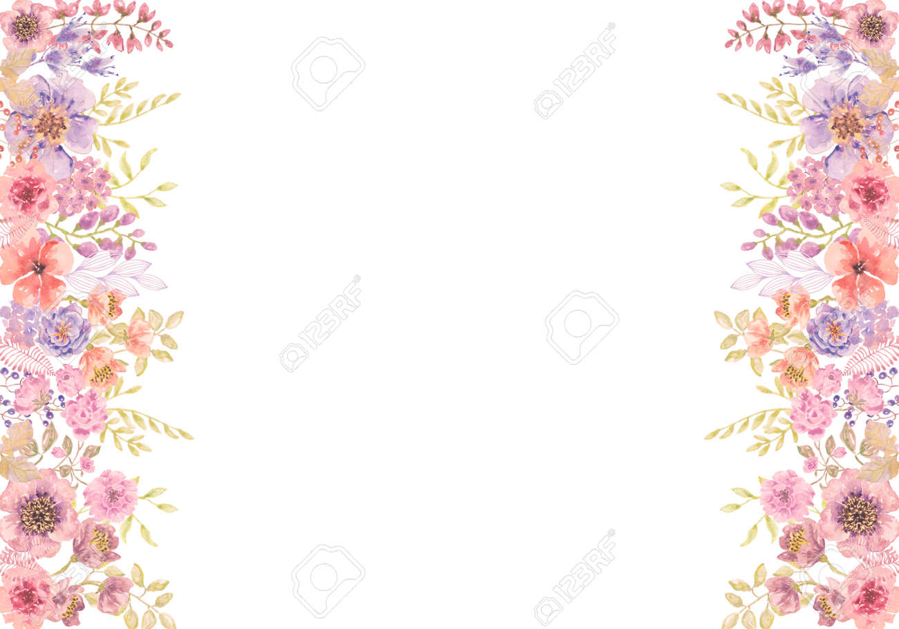 Colorful Leaves And Flowers - Botanical Design Banner. Floral Pastel  Watercolor Border Frame Stock Photo, Picture and Royalty Free Image. Image  185160165., image size:1300x910