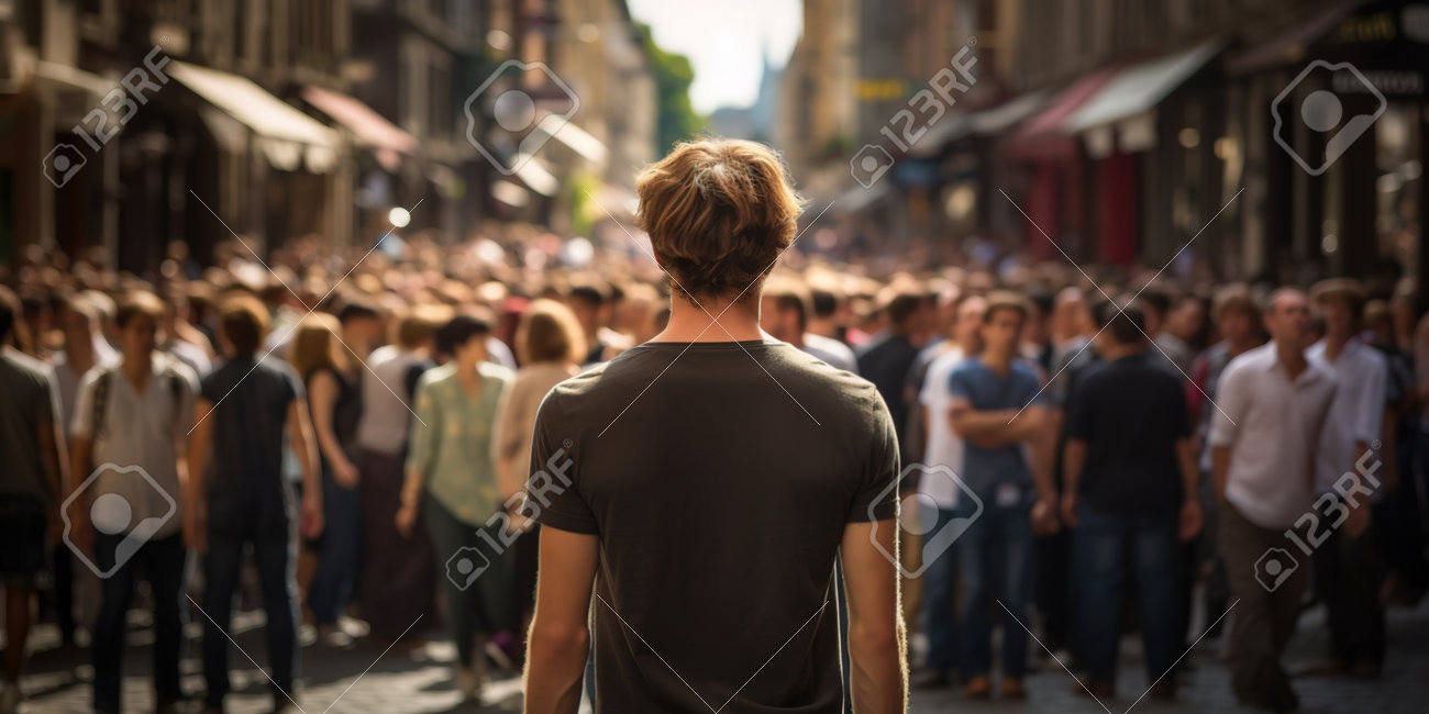 A young man stands in the middle of a crowded street. Lonely man standing still on a busy street with people walking fast - 214345063