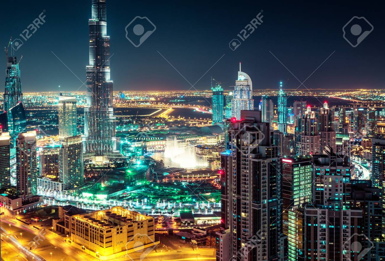 Beautiful Nighttime Dubai Skyline With Modern Skyscrapers Festive Stock Photo Picture And Royalty Free Image Image 6569