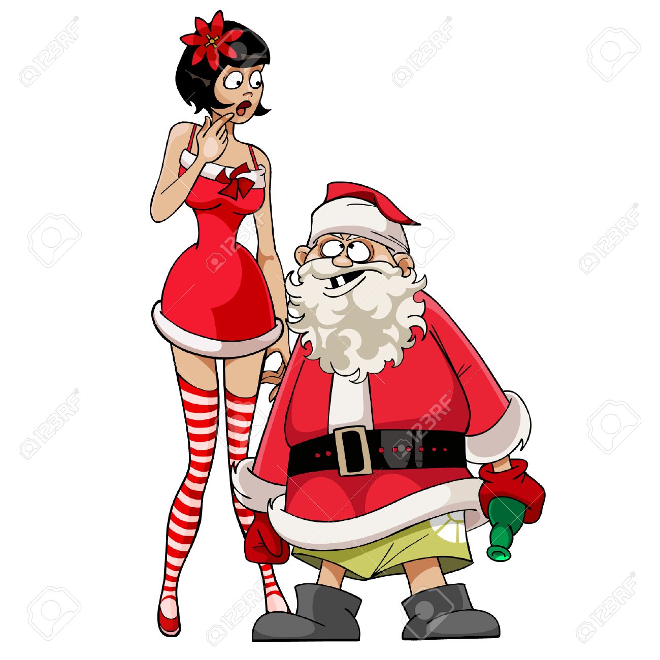 drunk santa claus with a girl in a red dress royalty free cliparts