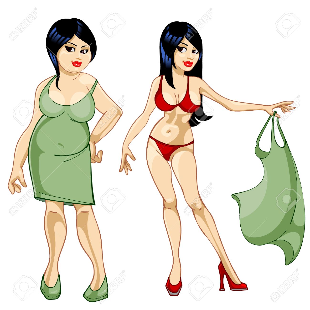 thick girl in a dress and a thin girl in a bathing suit royalty free