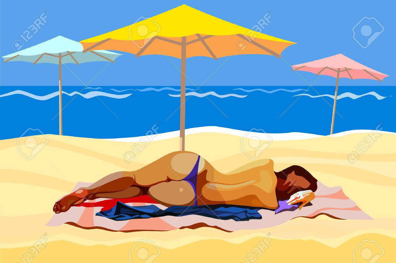 パラソルとビーチに横たわる女のイラスト素材 ベクタ Image