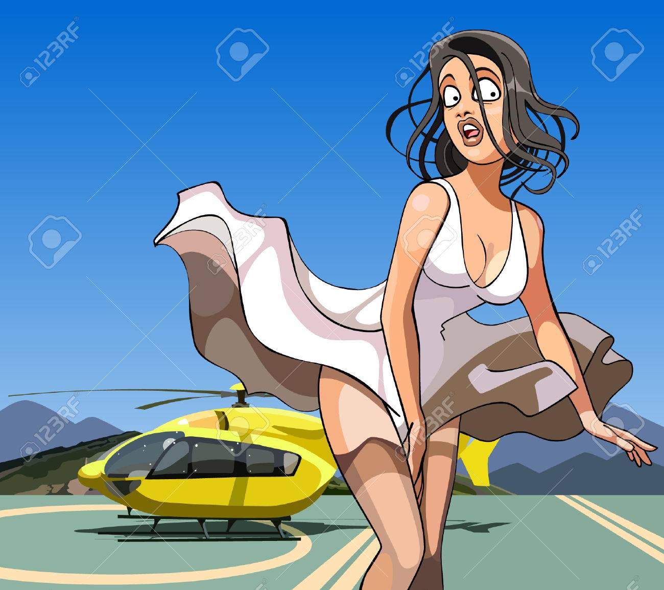 De Dibujos Animados Con La Falda Ondeando En El Es Aproximadamente El Helicóptero Ilustraciones Svg, Vectoriales, Clip Art Vectorizado Libre De Derechos. Image 47413694.