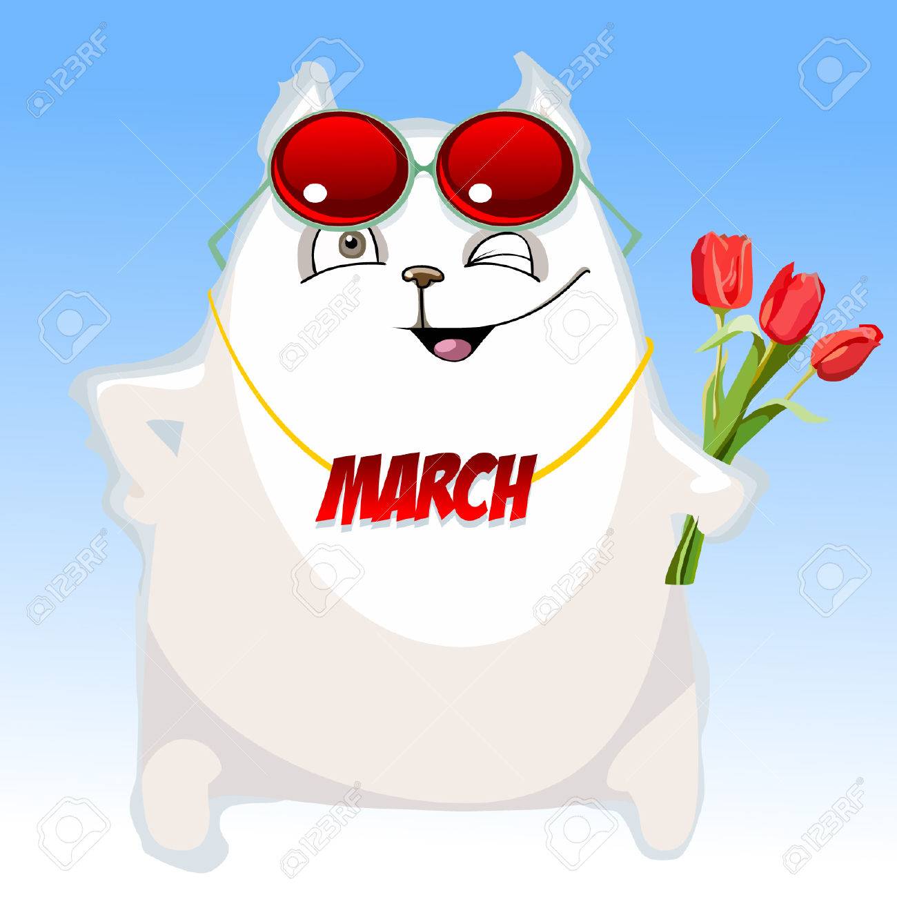 Amusant Dessin Anime Chat Blanc Felicite Le 8 Mars Clip Art Libres De Droits Vecteurs Et Illustration Image