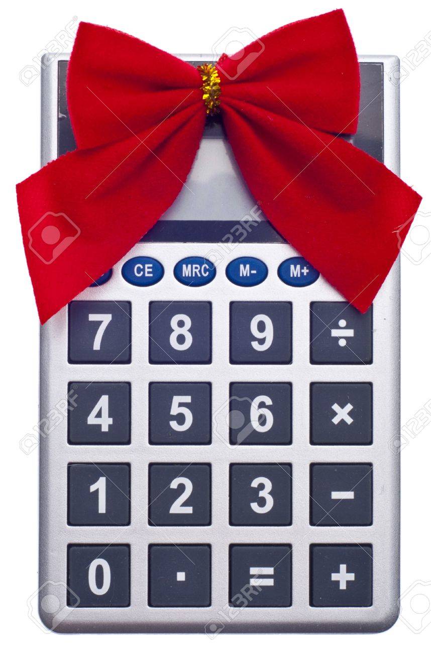calculator with holiday bow christmas budget concept stock photo