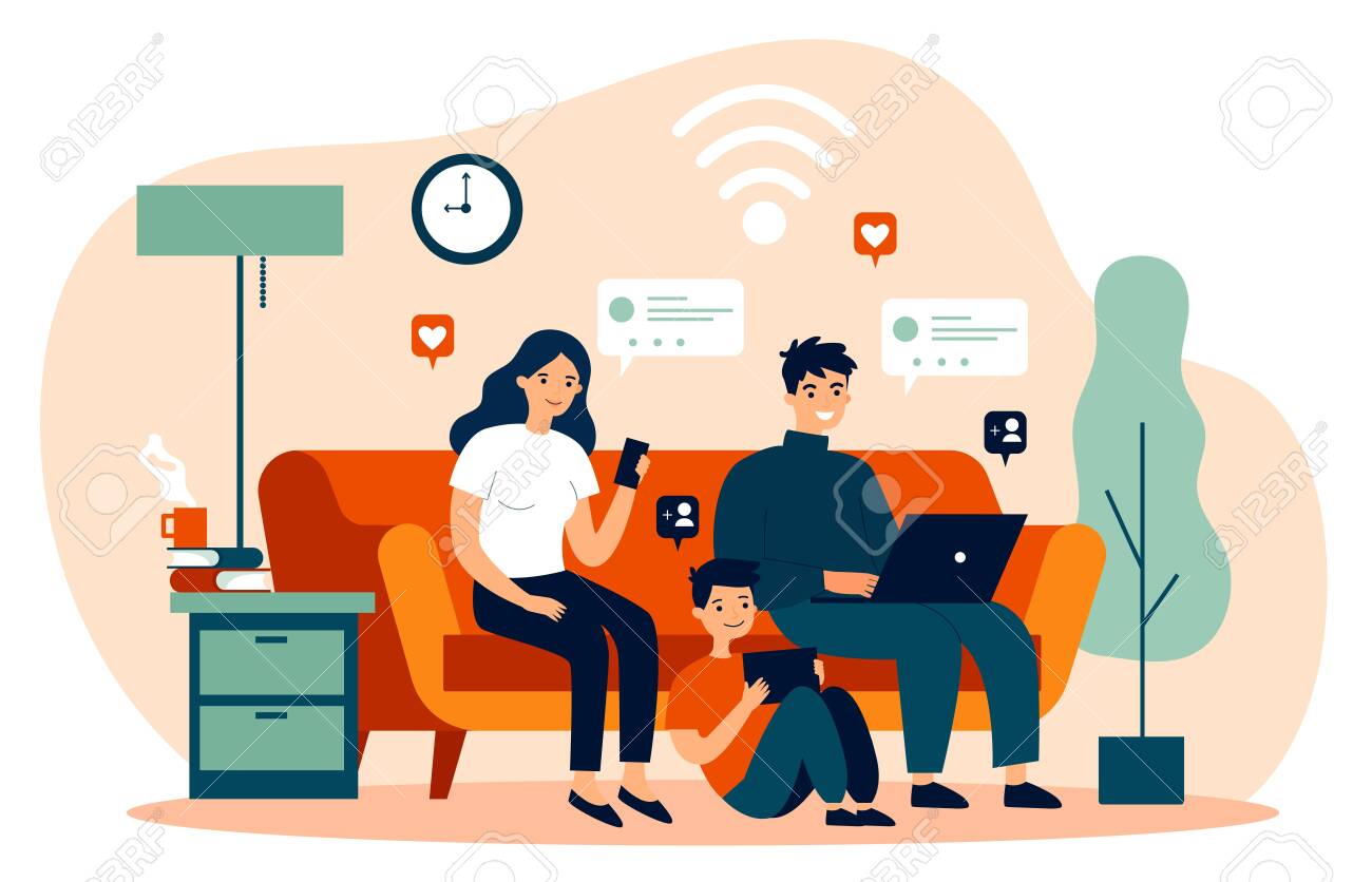 Family Suffering From Social Media Addiction Parent And Child Sitting Together At Home And Using Digital Devices Vector Illustration For Problem Communication Internet Concept Royalty Free Cliparts Vectors And Stock Illustration Image