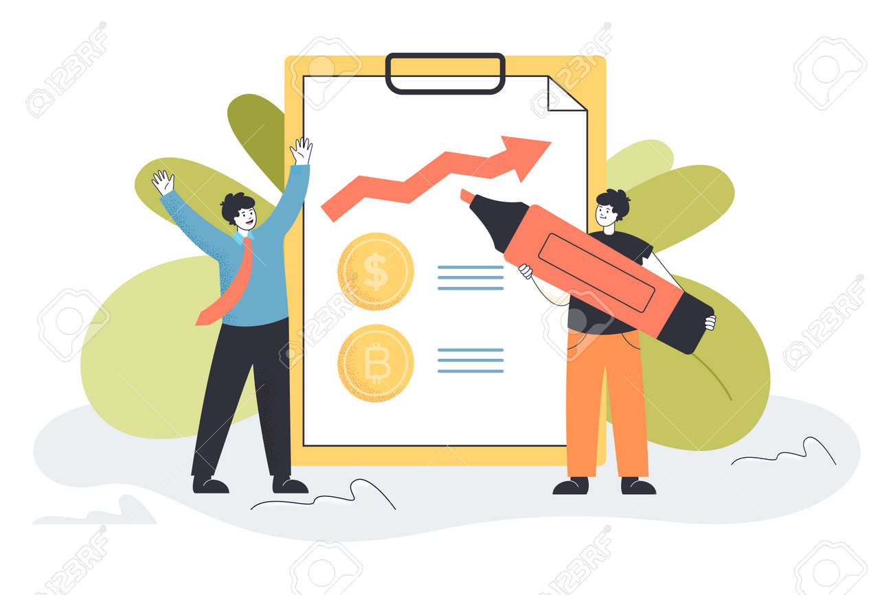 분석가는 마커로 상승 통화 차트를 그립니다. 달러에 대한 긍정적인 예측, 작은 사람들의 플랫 벡터 일러스트레이션에서 나온 비트코인.  배너, 웹 사이트 디자인 또는 방문 웹 페이지에 대한 주식 시장 개념 로열티 무료 사진,