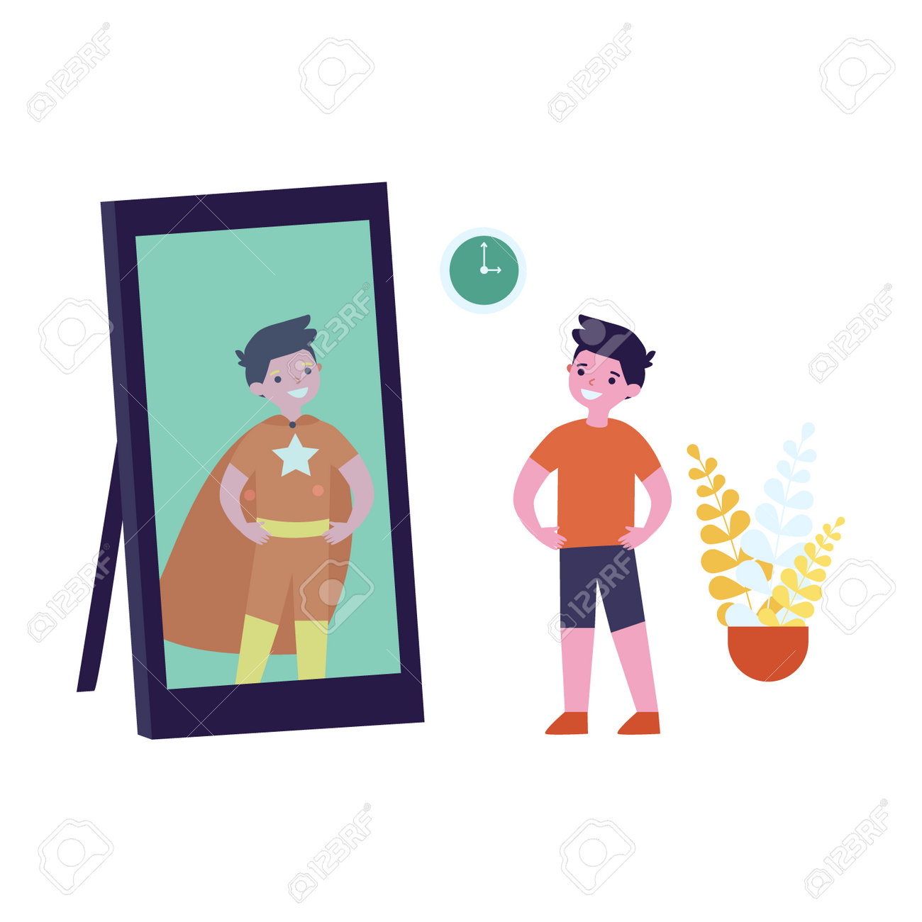 Smiling Boy Looking In Mirror And Seeing Superhero. Kid Standing In Front  Of Mirror, Child In Superhero Costume Flat Vector Illustration. Childhood,  Imagination Concept For Banner Royalty Free SVG, Cliparts, Vectors, and, image size:1300x1300