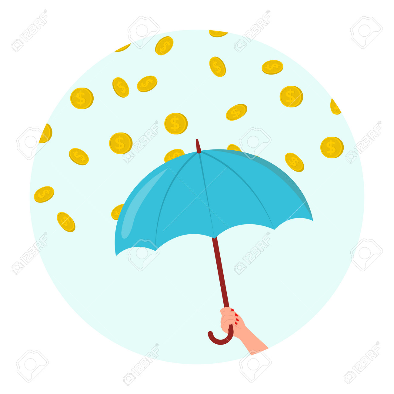 金貨の雨のベクターイラストの下に傘を持つ手。空から落ちるお金、収入や貯蓄、成功した投資の漫画の絵。財政、販売、成功、富のコンセプトのイラスト素材・ベクター  Image 201172052