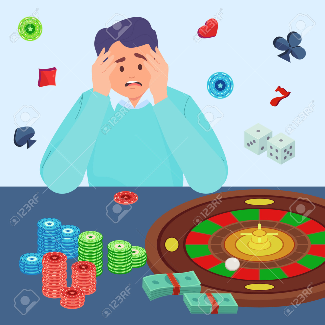 カジノルーレットのベクターイラストの前に怖い中毒者。ルーレットやゲームに夢中になり、チップとお金を失う男の漫画の絵。ギャンブル、中毒、リスクのコンセプトのイラスト素材・ベクター  Image 209413419