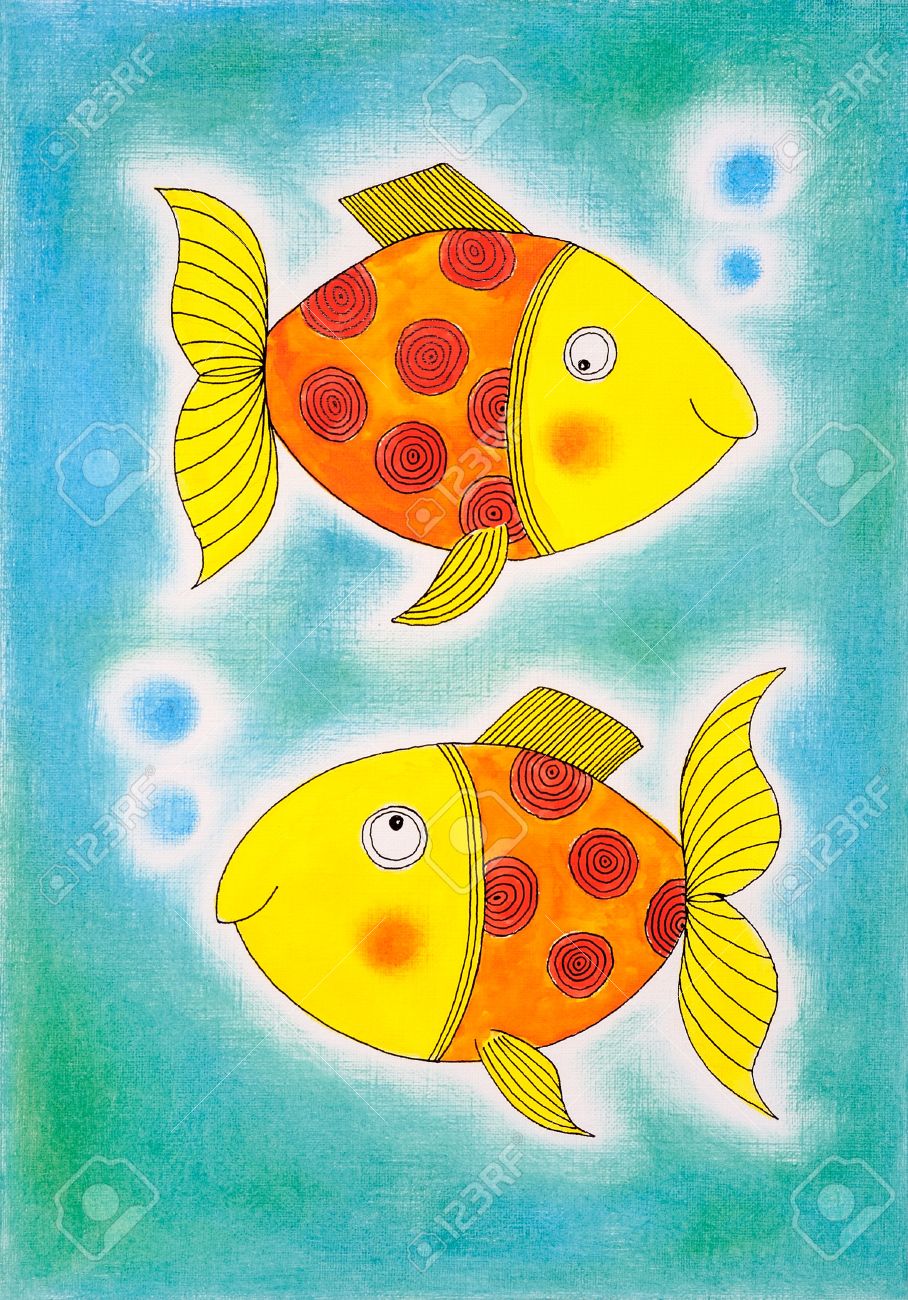 stock photo two golden fish child s drawing watercolor painting on paper - Drawing And Painting For Kids stock photo two golden fish child s drawing watercolor painting on paper - Drawing And Painting For Kids