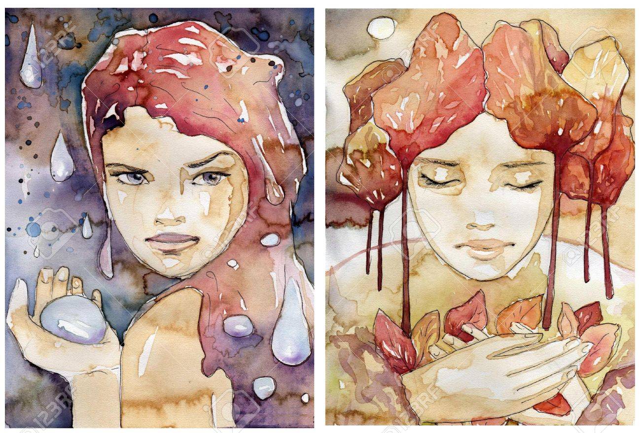 illustration of a watercolor portrait of a beautiful woman. The original picture painted coffee stains and paints akwarelowymi. - 12066204 illustration of a watercolor portrait of a beautiful woman. The original picture painted coffee stains and paints akwarelowymi. - 12066204
