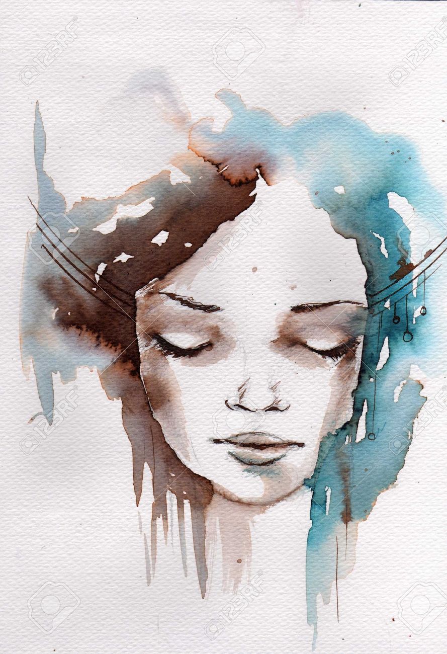 watercolor illustration showing the face of a pretty young girl