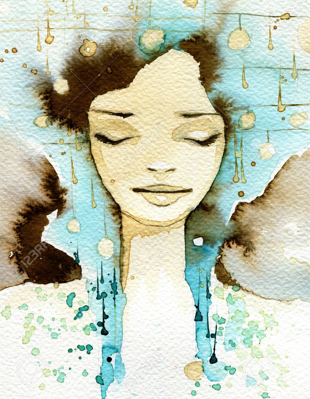 派手な水彩イラスト 肖像画の女性 の写真素材 画像素材 Image