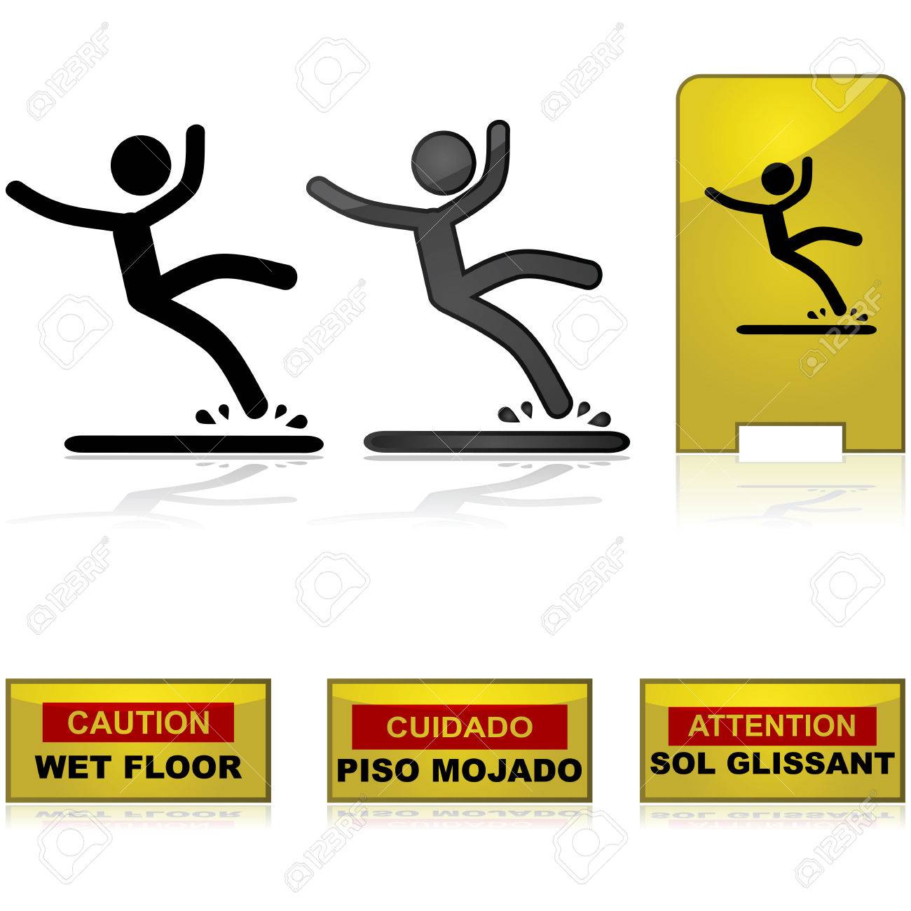 ぬれた床に落ちると警告ラベル英語 スペイン語 フランス語の男性を示す標識のイラスト素材 ベクタ Image