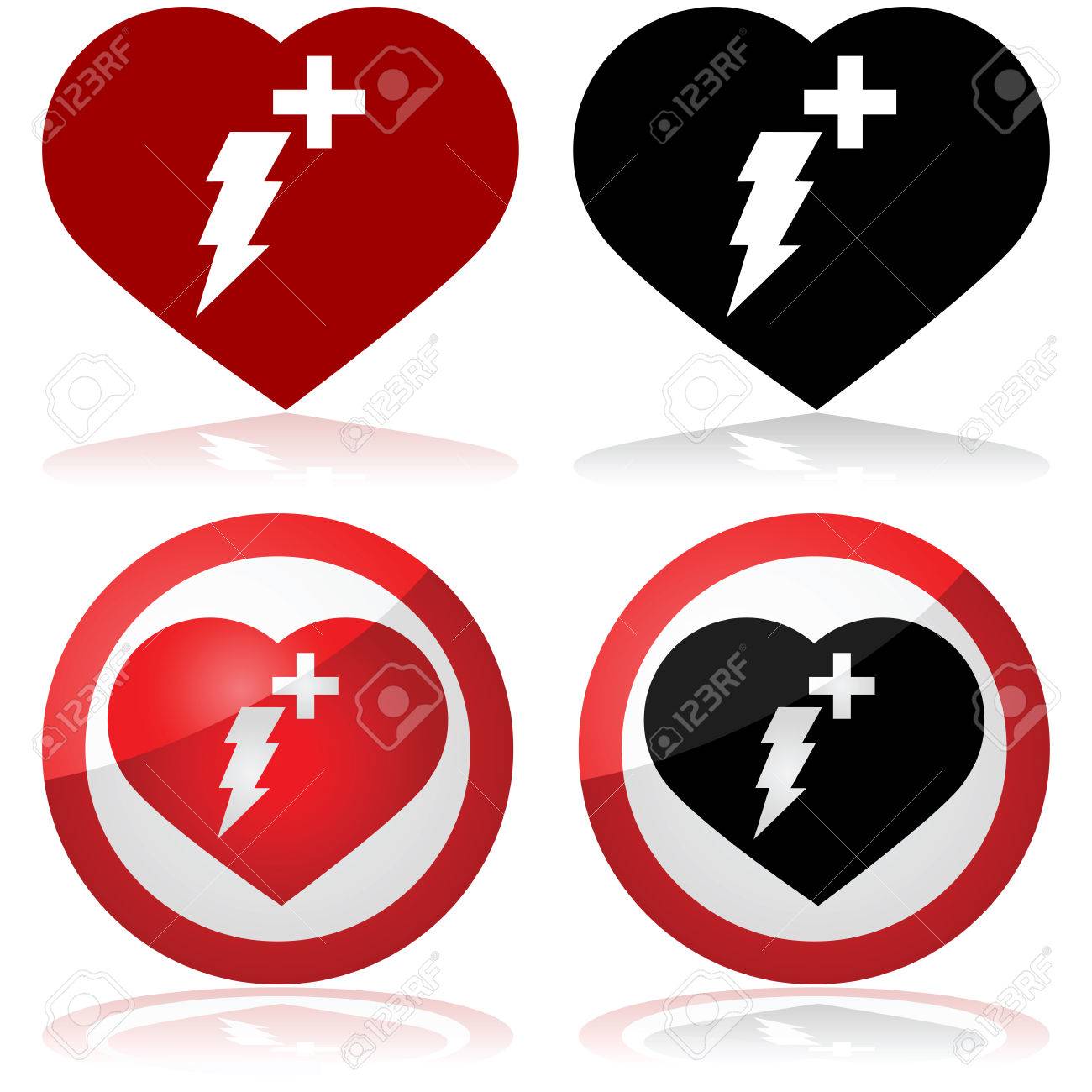 defibrillator icon set showing a heart with a lightning and a