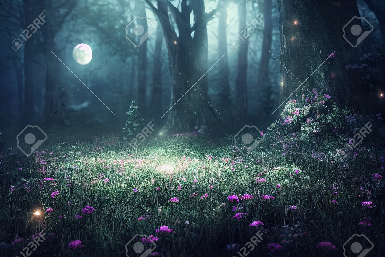 A Beautiful Fairytale Enchanted Forest At Night With A Big Moon In The Sky  Illuminating Trees And Great Vegetation. Фотография, картинки, изображения  и сток-фотография без роялти. Image 194648598