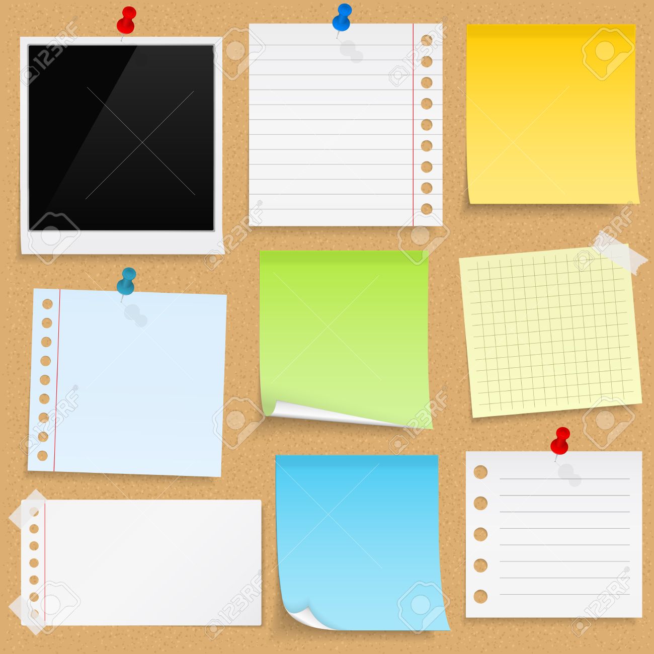 Paper notes, sticky papers an photo frames on bulletin board - 35073474 Paper notes, sticky papers an photo frames on bulletin board - 35073474