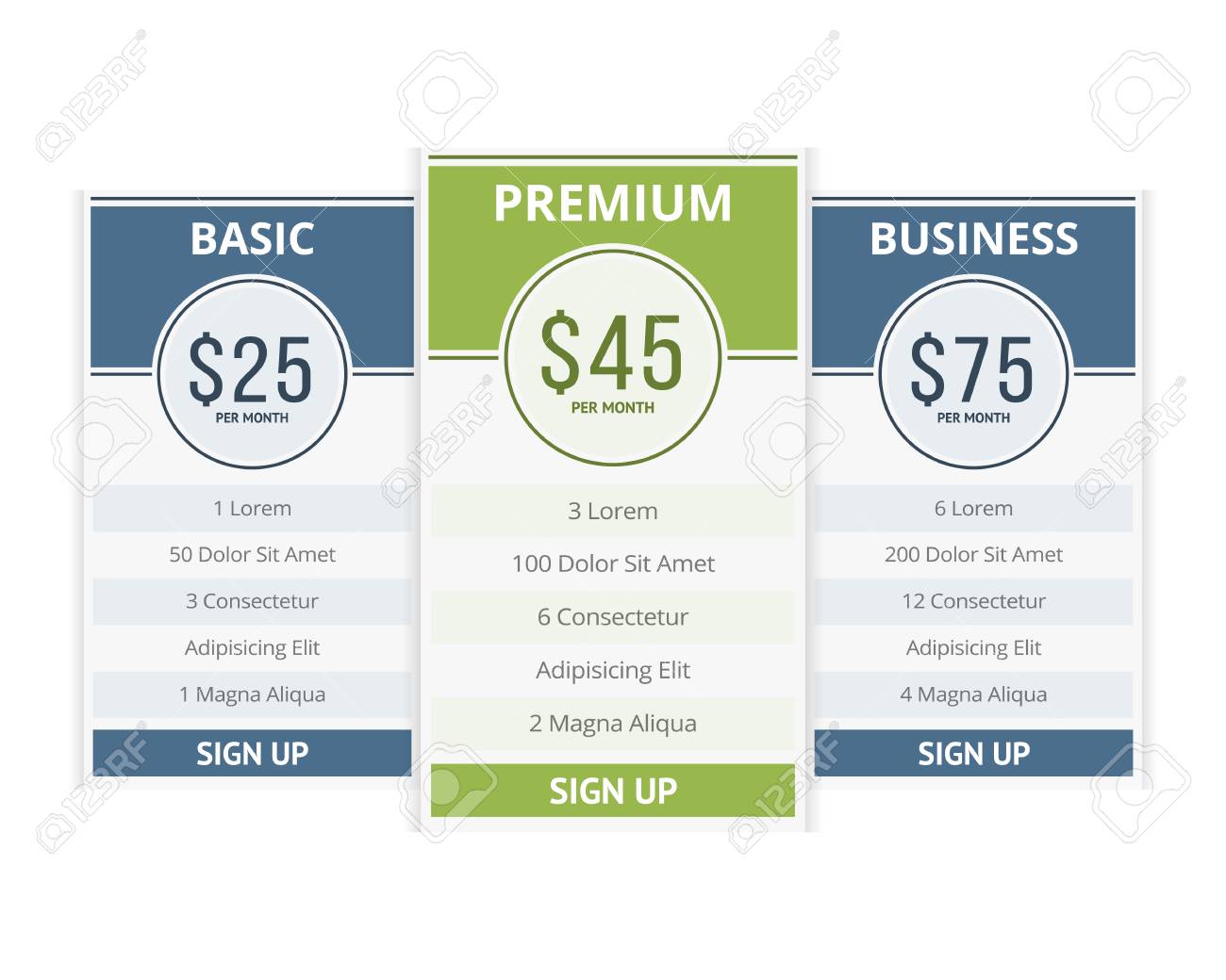 pricing table template with three plans for websites royalty free