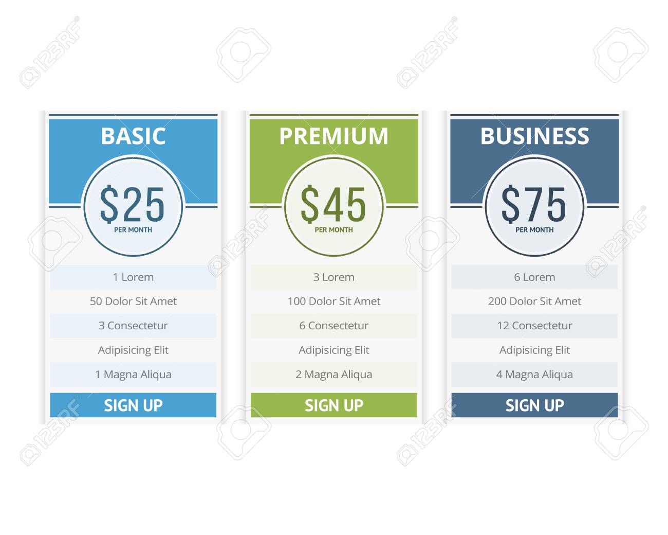 pricing table template with three plans for websites royalty free