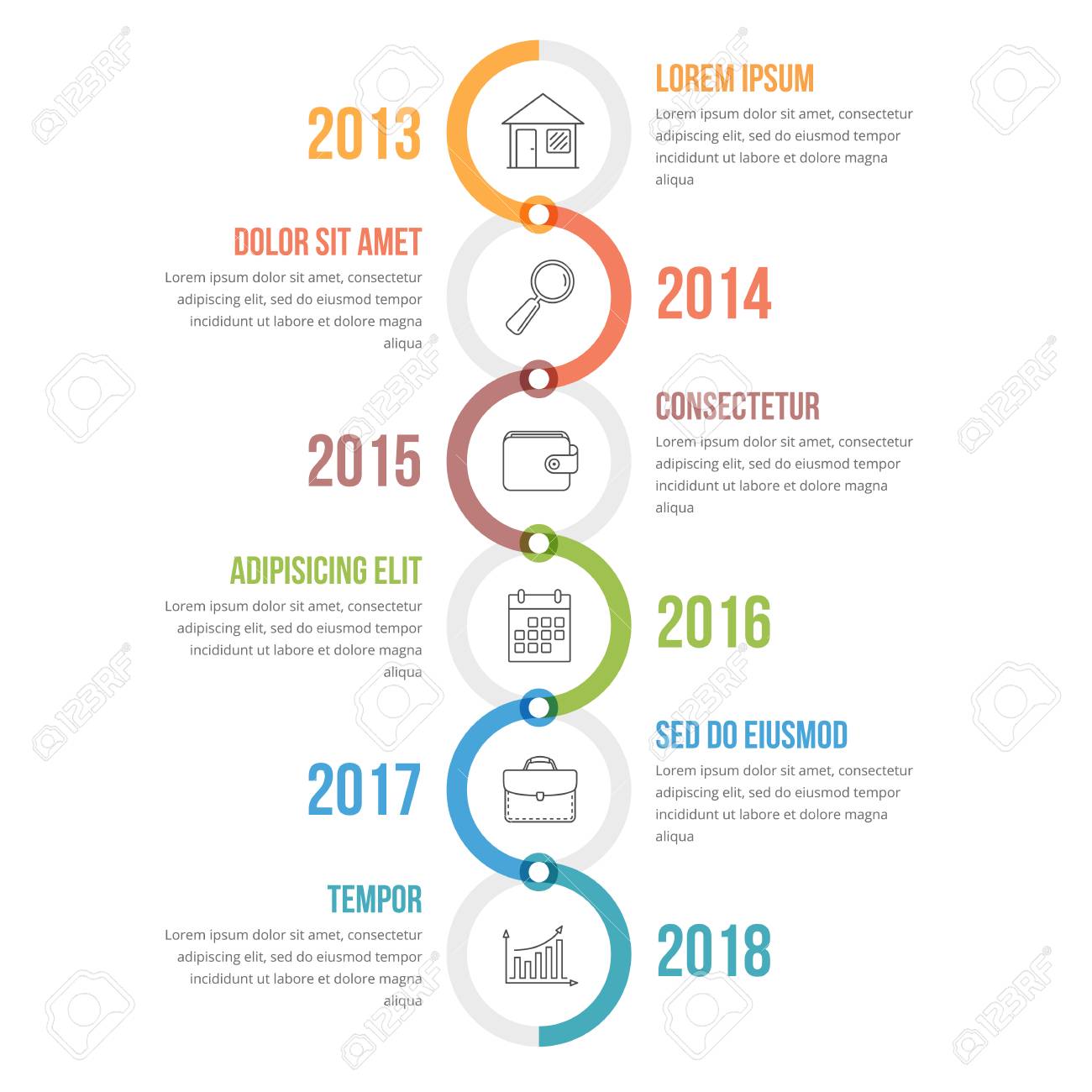 vertical timeline infographics template with colorful circles