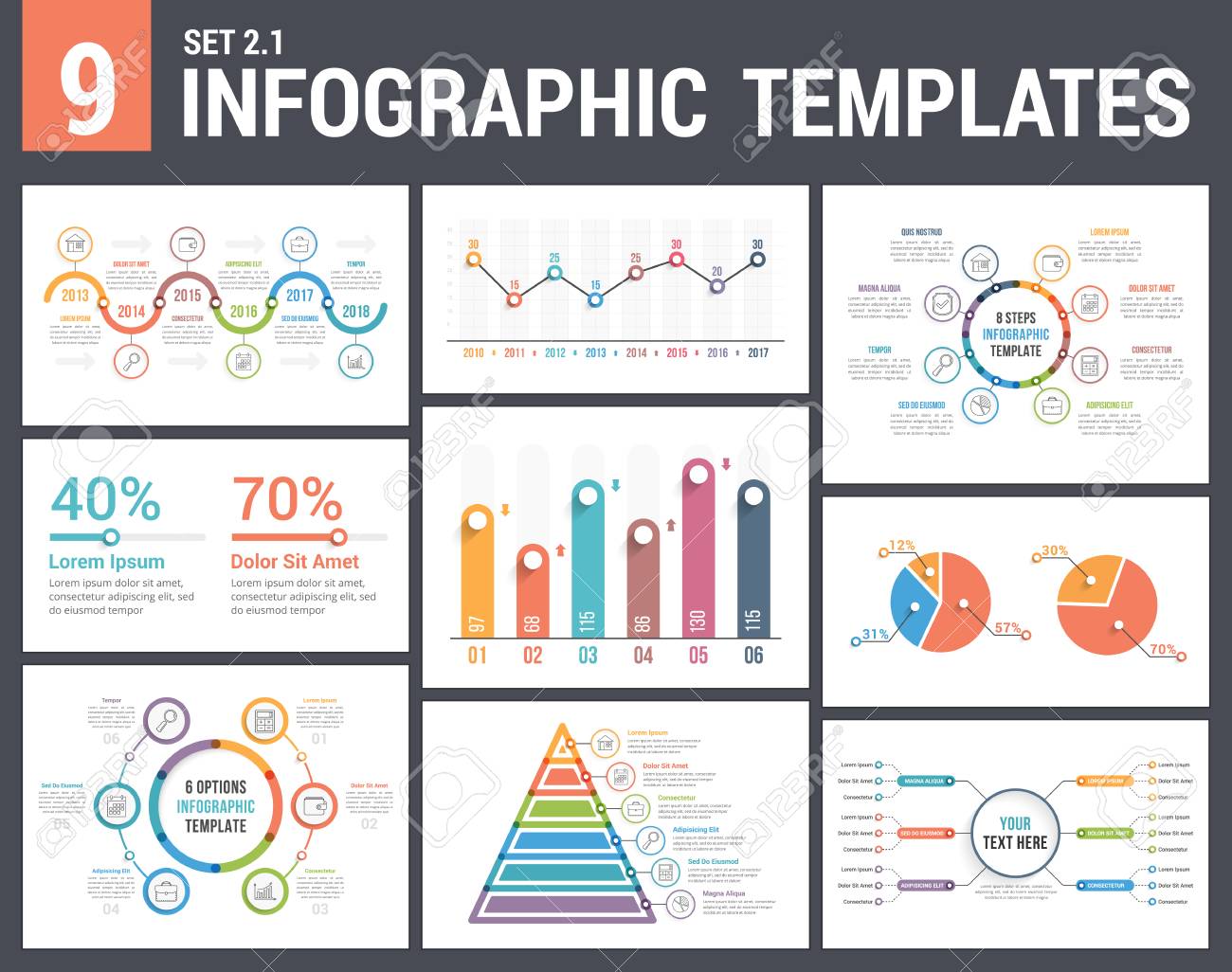 9 infographic templates set 2 colors 1 timeline bar and timeline graphs templates