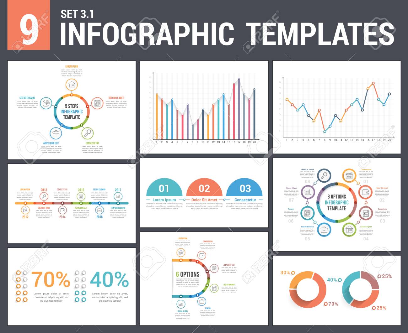9 infographic templates set 3 colors 1 timeline bar and timeline graphs templates