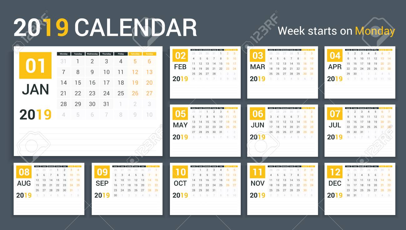 2019 Calendar template, planner, 12 webpages, 7 days begins upon Monday,.. photograph relating to Calendar Template for Pages called 2019 Calendar template, planner, 12 webpages, 7 days commences upon Monday,..