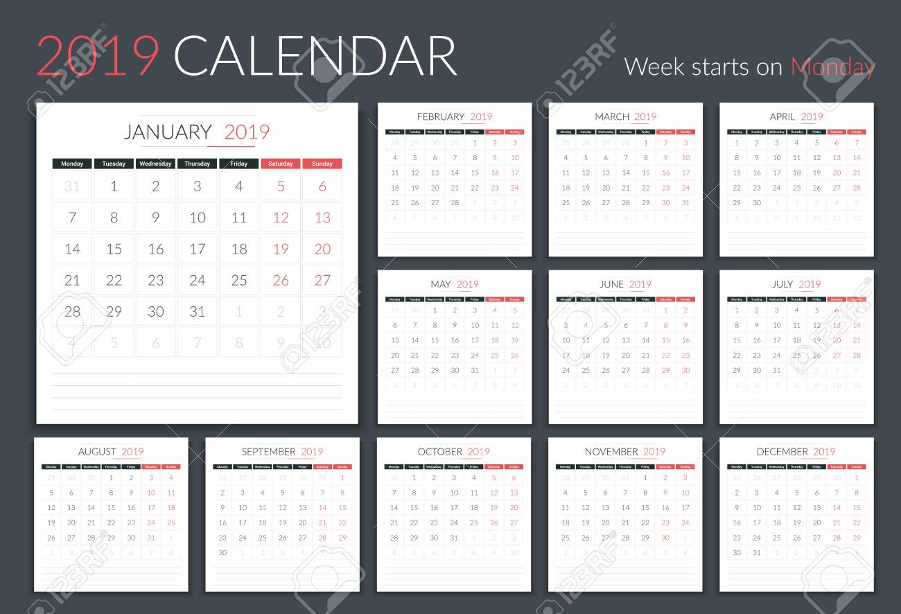 2019 Calendar template, 12 webpages, 7 days commences upon Monday, vector.. photograph relating to Calendar Template for Pages titled 2019 Calendar template, 12 webpages, 7 days starts off upon Monday, vector..