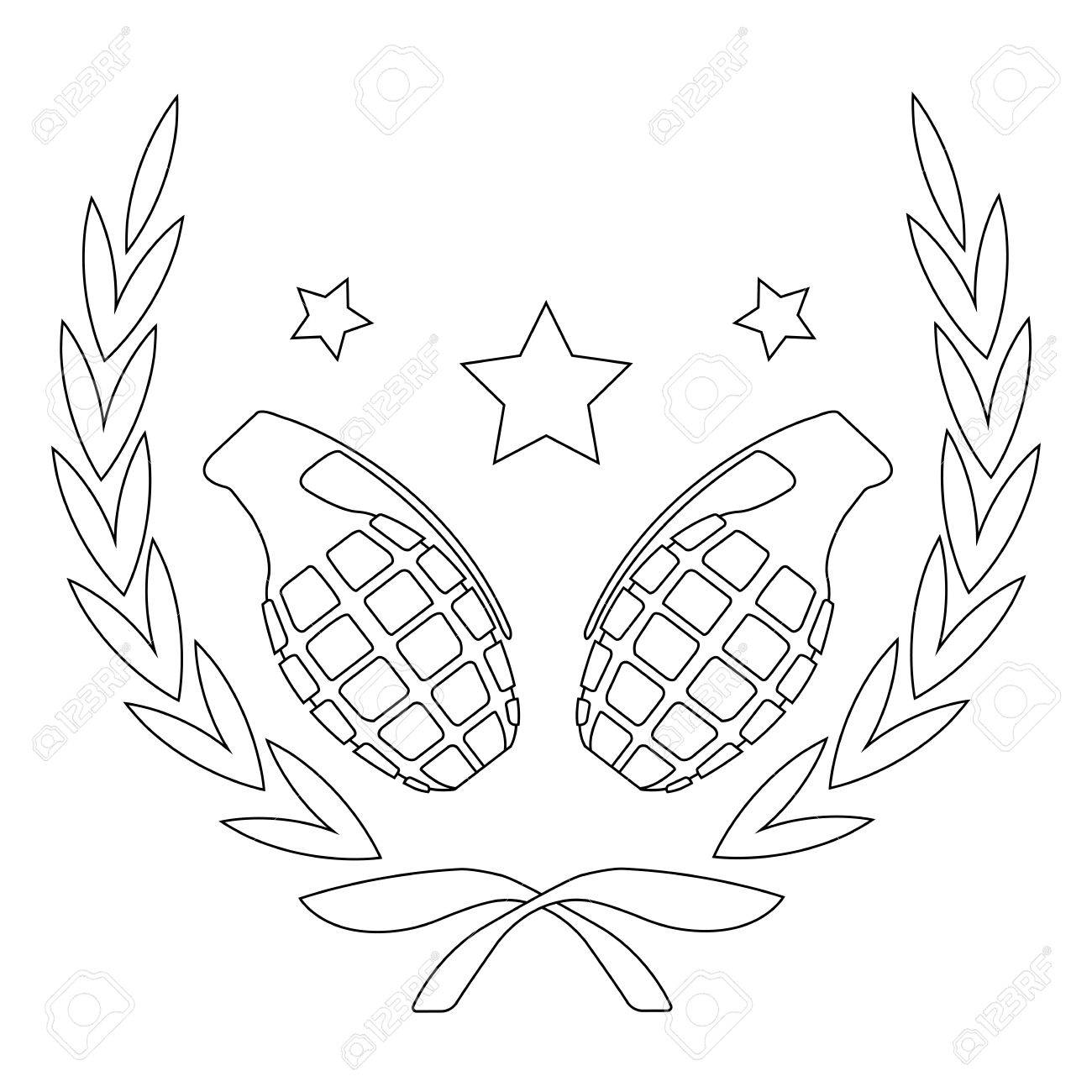 手榴弾と月桂樹のリースの星白で隔離 輪郭のライン アート ロゴの