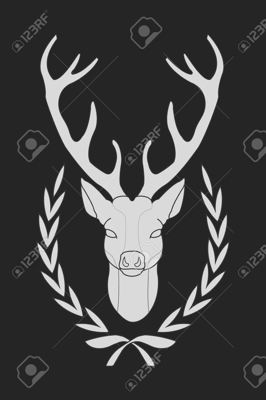 狩猟トロフィー 月桂冠の剥製鹿の頭と大きな枝角を詰め 黒に分離された黒板チョーク ベクトル イラストのイラスト素材 ベクタ Image