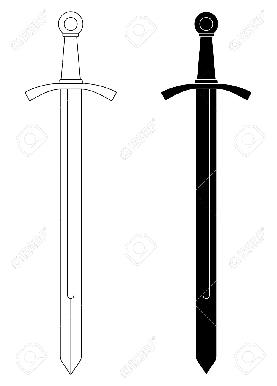 One-handed medieval knight vector sword clip art illustration isolated on white. Contour, black and white - 40292432 One-handed medieval knight vector sword clip art illustration isolated on white. Contour, black and white - 40292432